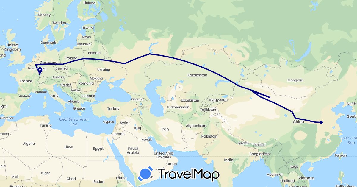 TravelMap itinerary: driving in Belgium, Belarus, China, Czech Republic, France, Kazakhstan, Russia (Asia, Europe)